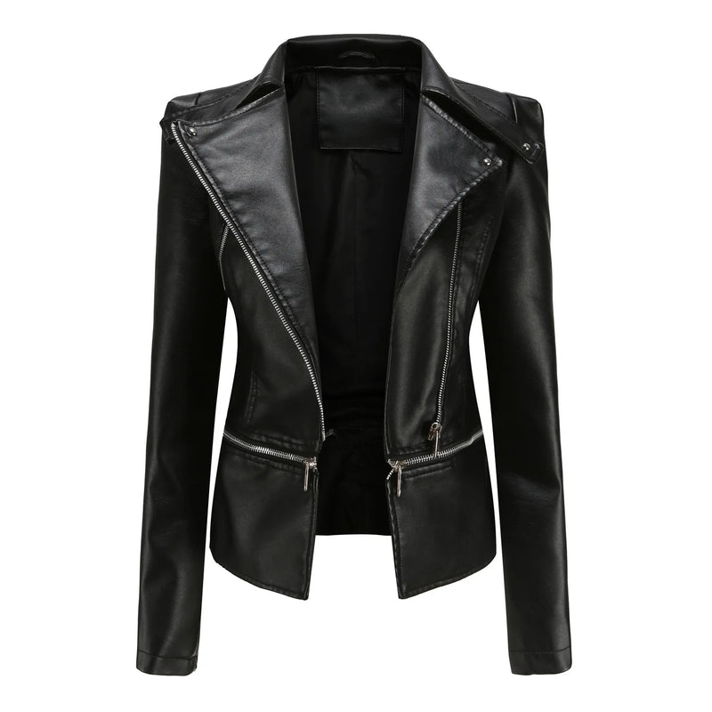 2026 New Women Black Faux Leather Jacket, Casual Zipper Decoration Biker Coat, Female Casual Solid Short Outwear S-3XL