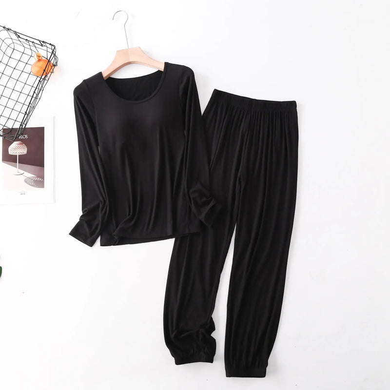 Spring Autumn Sleepwear Women New Modal Cotton Pajamas Set Bra Padded Long Sleeve Trousers Two Piece Suit Comfortable Home Wear