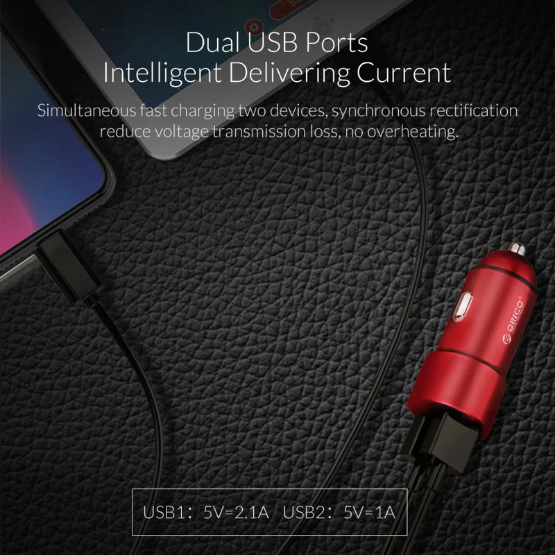 ORICO Dual USB Car Charger USB Charging Port 12W Max Cigarette Lighter Conversion plug For iPhone Samsung Xiaomi Huawei