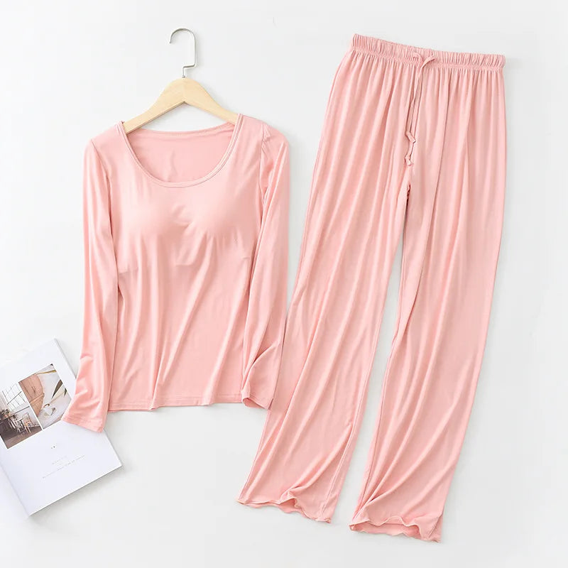 Modal Pajamas Sets Women Casual Bra Pad Sleepwear Suits Spring Autumn Long-Sleeved Home Clothing Winter Ladies Pyjama Lingeries