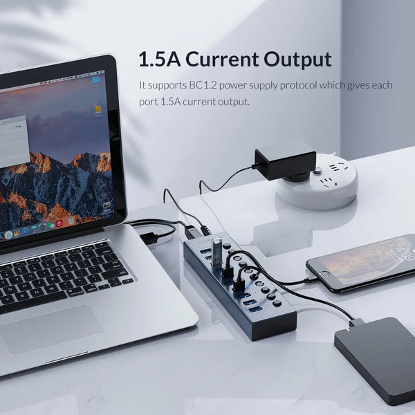 ORICO Industrial USB 3.0 HUB 7/10/13/16 Aluminum USB Splitter On/Off Switch With 12V Power Adapter Support Charging for Computer