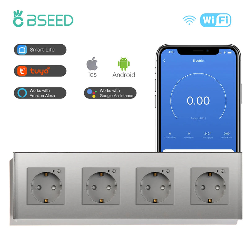 BSEED EU Electrical Wifi Smart Socket Wall Plug With Power Monitor Timing Function Tuya Alexa Smart Home Wireless Control 16A