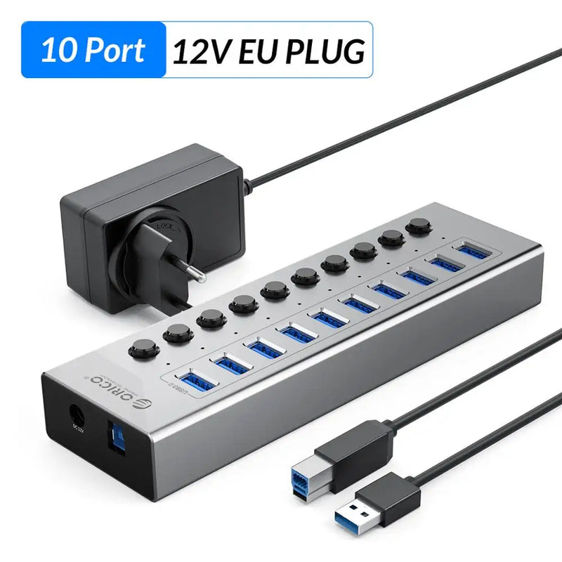 ORICO Industrial USB 3.0 HUB 7/10/13/16 Aluminum USB Splitter On/Off Switch With 12V Power Adapter Support Charging for Computer