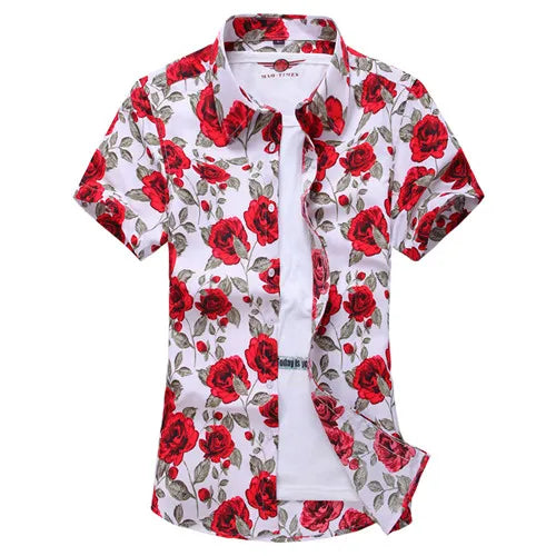 2026 Summer White Printed Short Sleeved Shirt for Men, Hawaii Rose Flower Shirts Hawaiian Vacation Camisa Chemise Big Size S-7xl