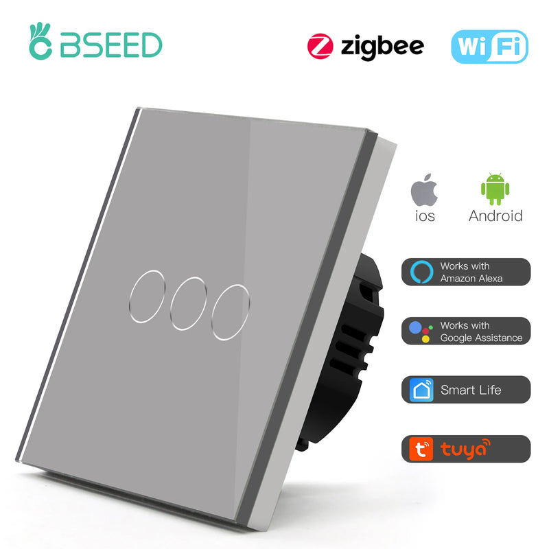 BSEED Zigbee Smart Light Switch 1/2/3Gang Wall Touch Switch Smart Life Google Alexa Tuya App Control No Neutral Wire Required