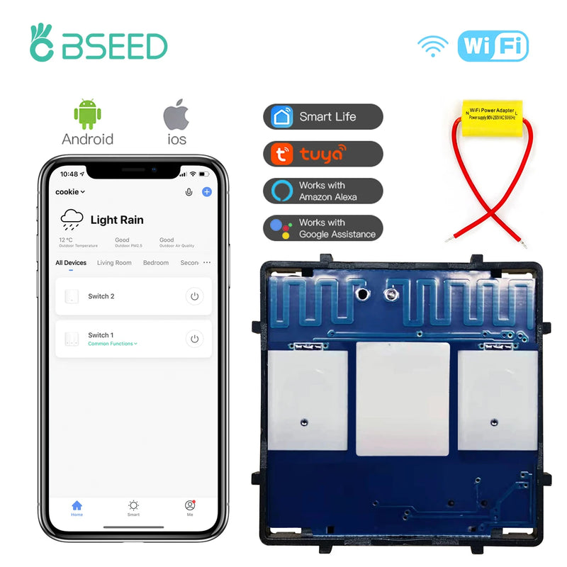 BSEED Single Live Light Switches Function Key 12/3Gang WIFI Touch Switch Part Google Alexa Wireless APP Control No Neutral Wire
