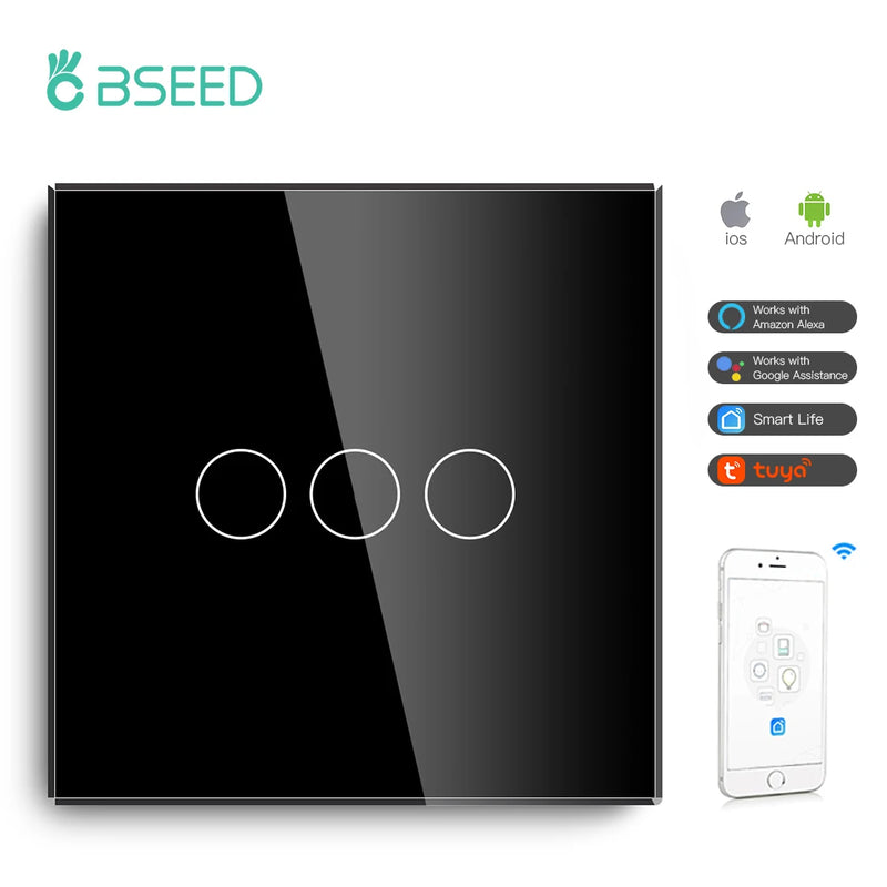 BSEED Wifi Light Switches Smart Wall Switch 1/2/3Gang 1/2/3/4Way Touch Sensor Switch With Normal Socket Support Tuya Smart Life