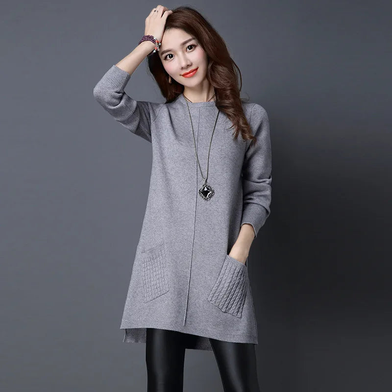 Fdfklak Autumn Winter Sweater New Women's Solid Color Loose Pullover Tops Long-Sleeved Pocket Knit Sweaters Dress Pull Femme 3XL