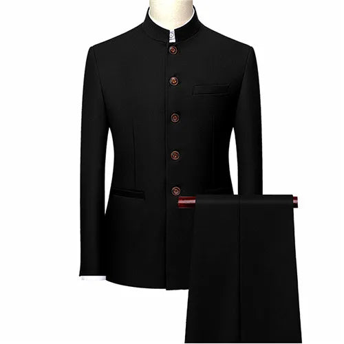 Men's White Stand Collar Chinese Style Slim Fit Two Piece Suit Set / Men Zhong Shan Blazer Jacket Coat Pants Trousers 2 Pcs 7XL