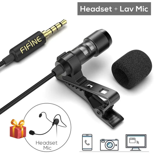 FIFINE Lavalier Lapel Microphone for Cell Phone DSLR Camera,External Headset Mic for Vlogging Video/Interview/ Podcast