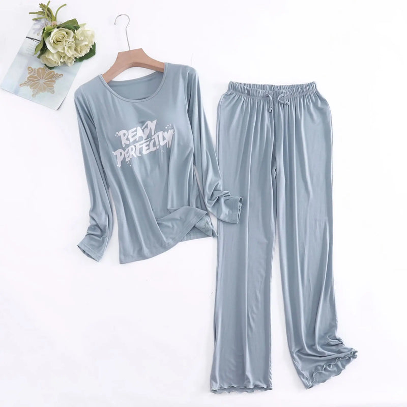 Spring Ladie's Modal Pajamas Sleepwear Set Letter Print Women Pajama 2 Piece Suit Full Sleeves Shirt Pant Lingerie Homewear