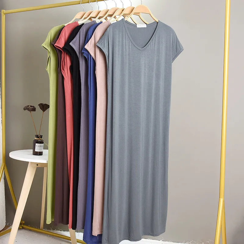 Large Size Modal Base Night Dress Women Sexy V Neck Sleepwear Comfortable Nightgowns Loose Long Nightshirt Vestidos Mujer