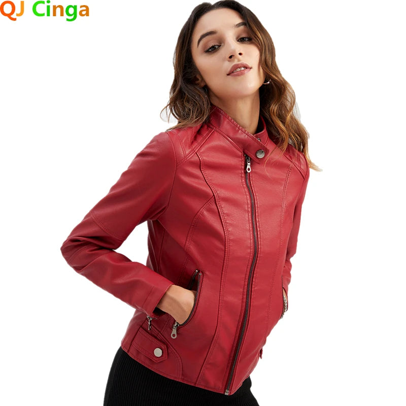 2026 Spring/Autumn New Style Gules Leather Jacket Women's Fashionable Trim Motorcycle Women Coat Black Purple Brown S-4XL