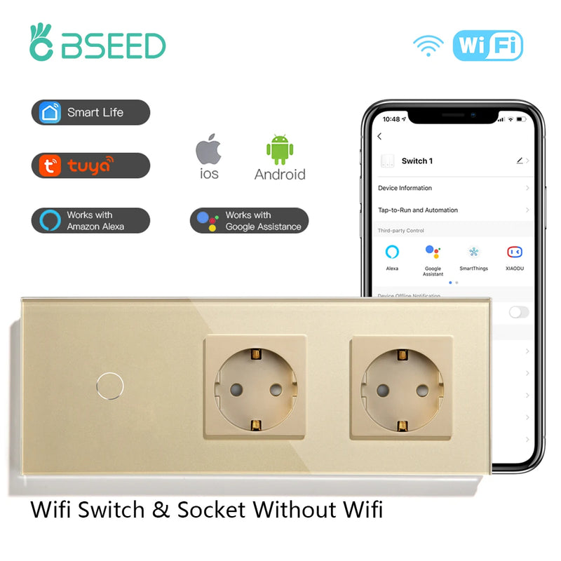 BSEED Wifi Wall Touch Switches 1/2/3Gang 1/2/3 Way Light Switch With Double EU Power Sockets Smart Life Google Alexa Control