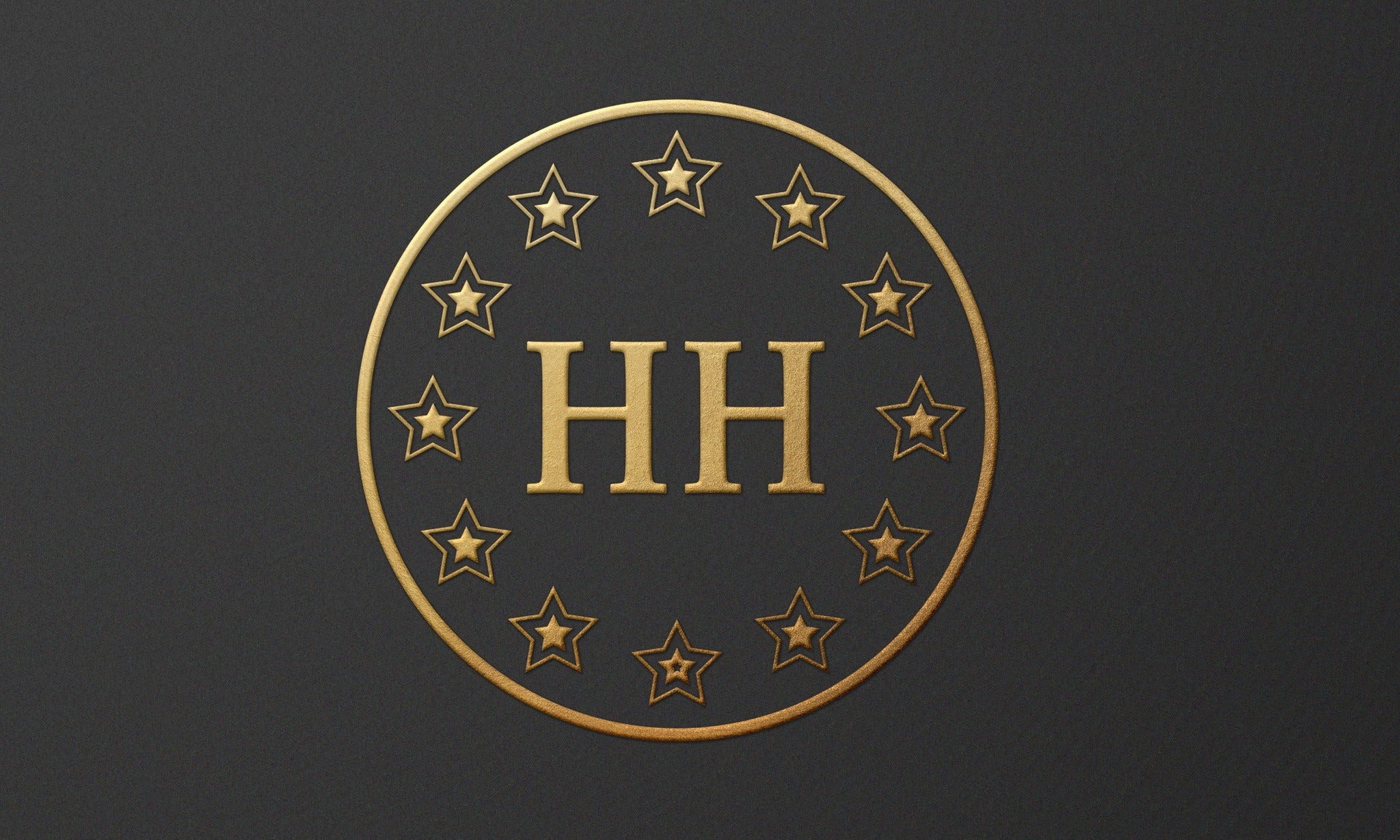 Gold emblem with 'HH' and stars on a black background