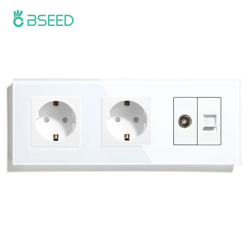 BSEED Double EU Wall Sockets Power Outlets White Black Golden Crystal TV Sockets Power CAT5 Internet Socket Kids Protection 16A