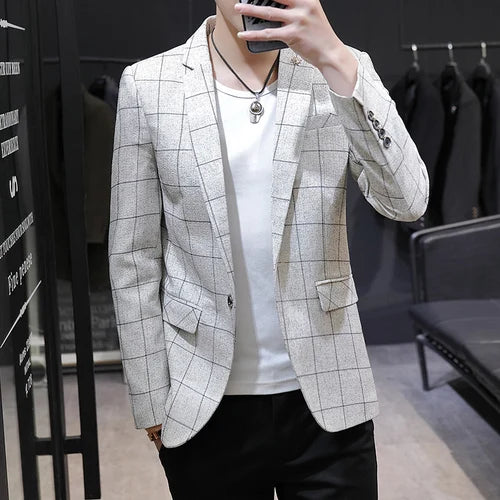 Off White Men's Plaid Suit Jacket, Spring /Autumn New Terno Masculino, Business Casual Blazers, Homme Fashion Slim Coat.