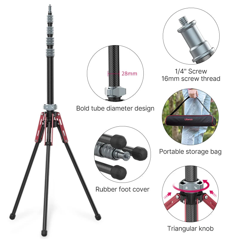 ជើងកាមេរ៉ា Ulanzi MT-49 ទម្ងន់ស្រាល ធ្វើពីសរសៃកាបូន ជាមួយនឹងជើងទម្រដែលអាចដោះចេញបាន អតិបរមា 194 សង់ទីម៉ែត្រ ពង្រីកជើងទម្រភ្លើង សម្រាប់កាមេរ៉ា DSLR វីដេអូភ្លើង