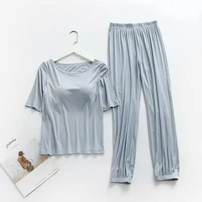 Casual Thread Modal Women's Sleepwear Home Suit Chest Pad Pajamas Set Half Sleeve Lantern Pant Two piece Cotton Pyjamas Women