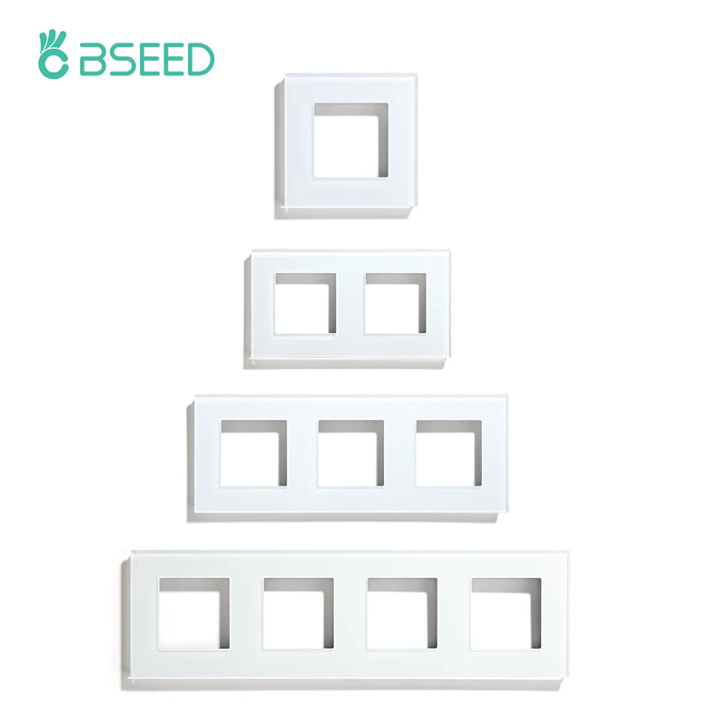 BSEED EU Standard Crystal Panel Wall Socket Frame Glass Switch Panel With Metal Plate 86/157/228/299mm White Black Golden