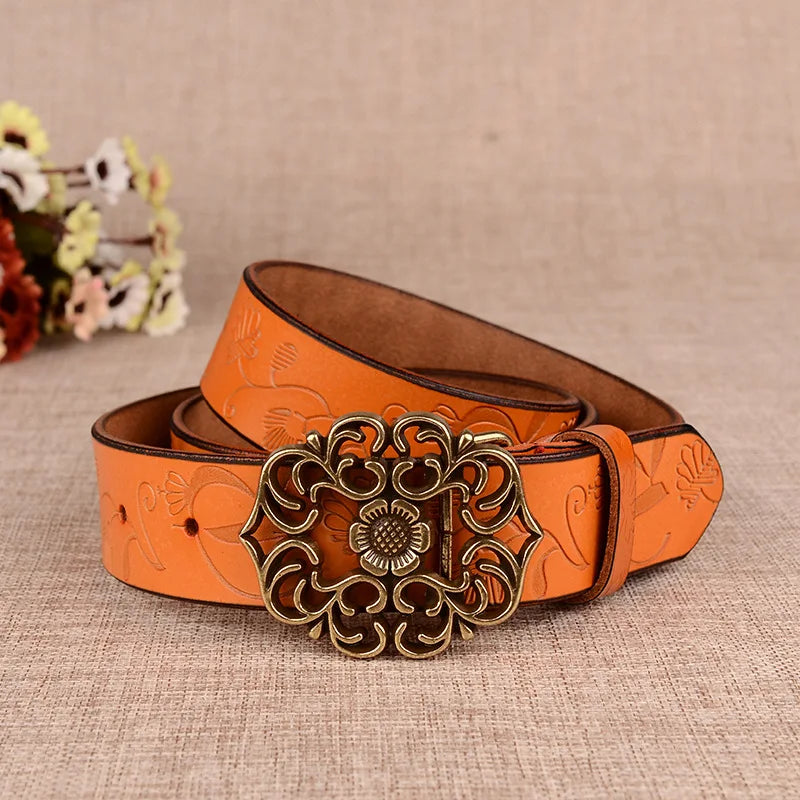 Sunflower Pattern Needle Buckle Belt Women Brown Fashion Business Women's Belts White Black Cinturon Red Yellow