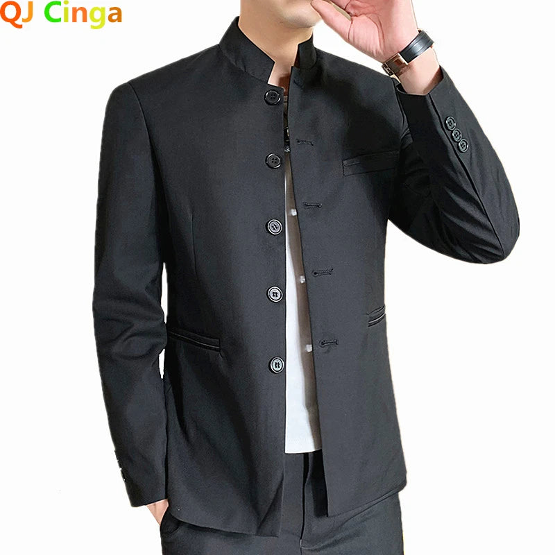 2026 New Men's Black Blazers Coat, Masculino Single Breasted Stand Up Collar Men Long-Sleeved Terno Jacket, Blue Red Overcoat