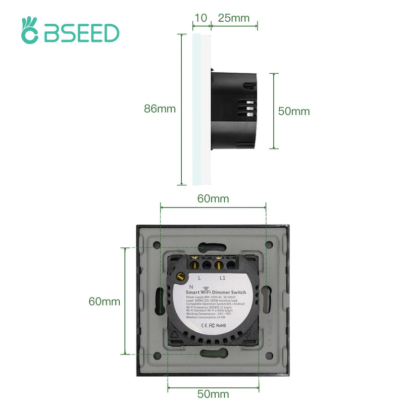 BSEED Wifi Dimmer Switch Smart Dimmable Touch Switch With EU Socket Glass Panel Support Tuya Smart Life Google Home Control