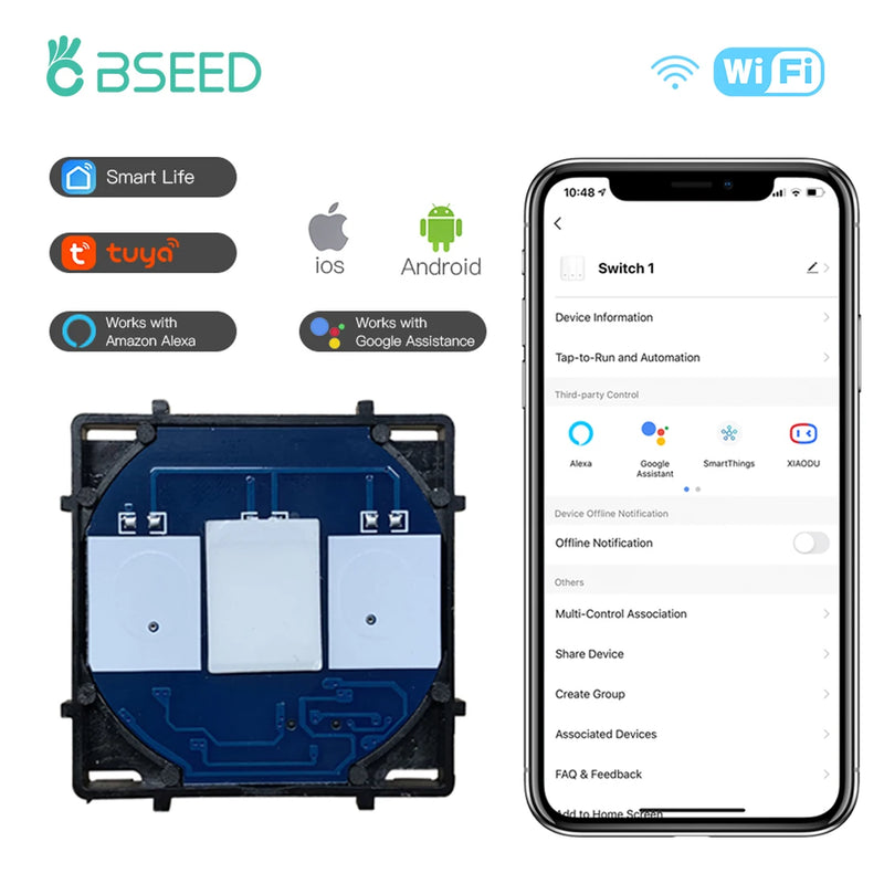 BSEED Smart Touch Switch Function Key 1/2/3Gang 1/2/3Way WIFI Light Switches Base DIY Parts Smart App Control Neutral Required