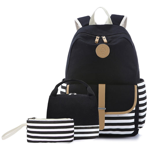 New 2021 School Bag 3-piece Suit With Lunch Bag Knapsack Canvas Casual Women Backpack USB Black Rucksack Black