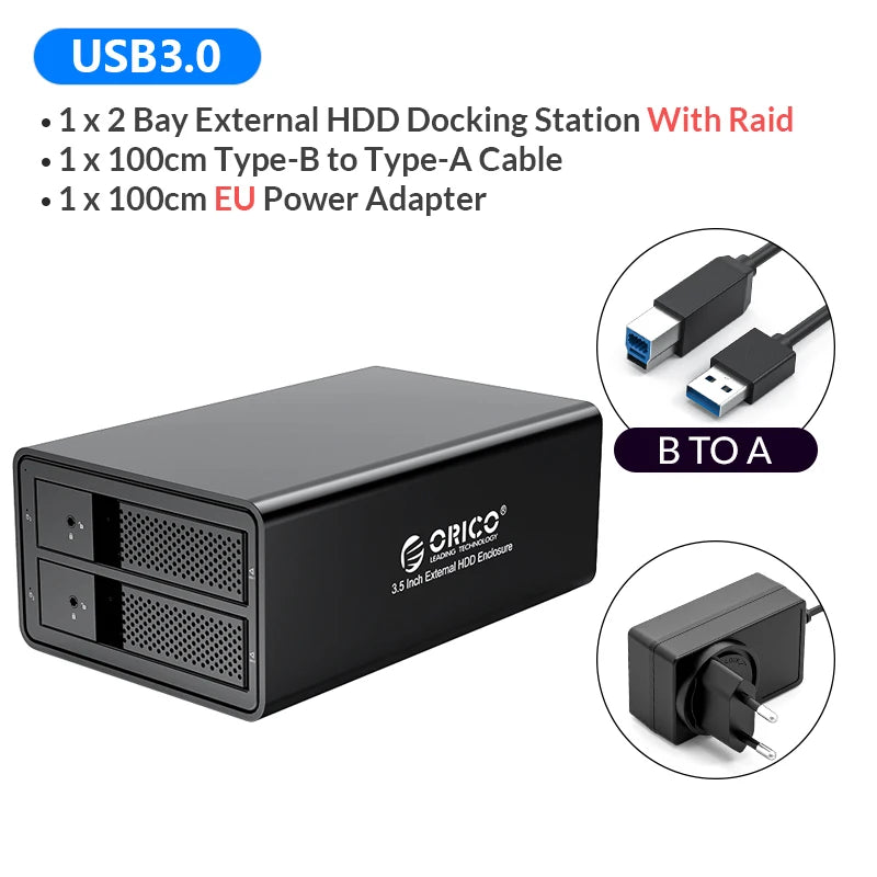 ORICO 95 Series 2 bay 3.5'' USB3.0 to SATA With RAID HDD Docking Station Aluminum HDD Enclosure 36W Power Adapter HDD Case