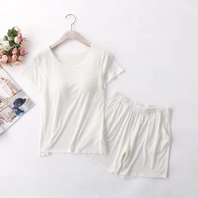 Summer Modal Cotton Pajamas Women Chest Pad Short Sleeve Shorts Set Female Home Clothes Sleepwear Pants Suit Pijama Mujer 3XL