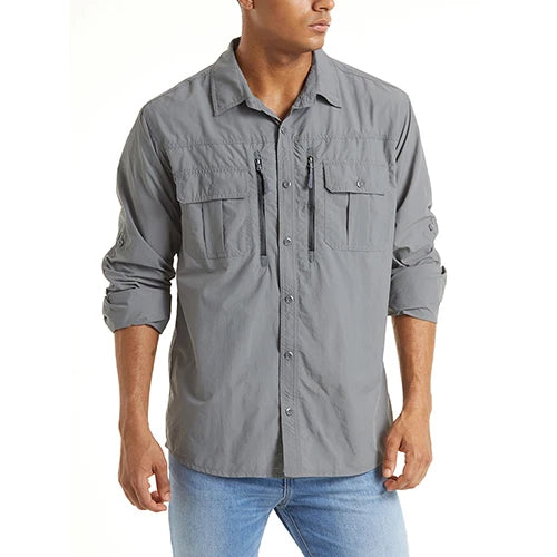 TACVASEN Summer Cargo Shirts Men's Mesh Breathable Long Sleeve Multi-Pockets Work Shirts Quick Dry Hiking Fishing Shirt Outdoor