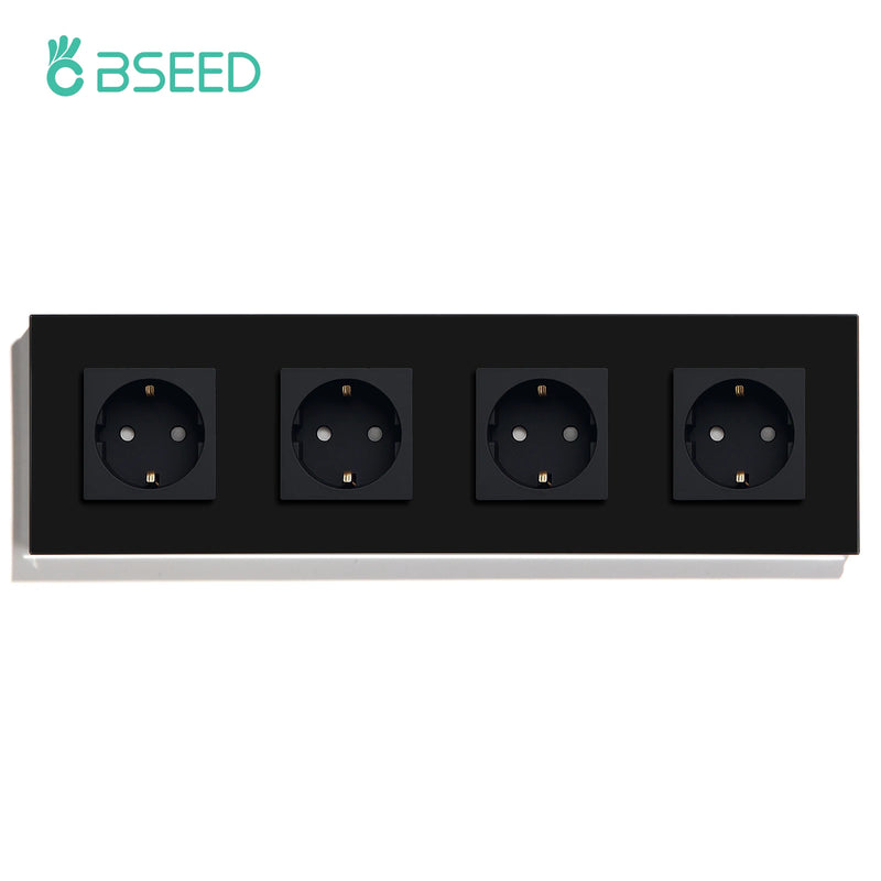 BSEED EU Standard Wall Sockets Single Powerful Outlets Black Double Frame Sockets Glass Panel Triple Sockets Kids Protection 16A