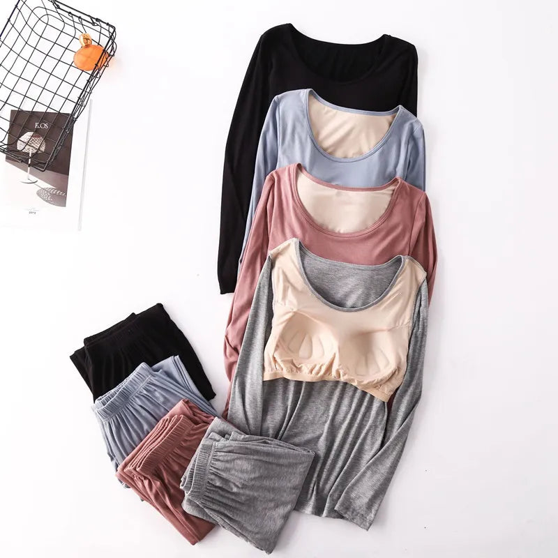 Spring Autumn Sleepwear Women New Modal Cotton Pajamas Set Bra Padded Long Sleeve Trousers Two Piece Suit Comfortable Home Wear