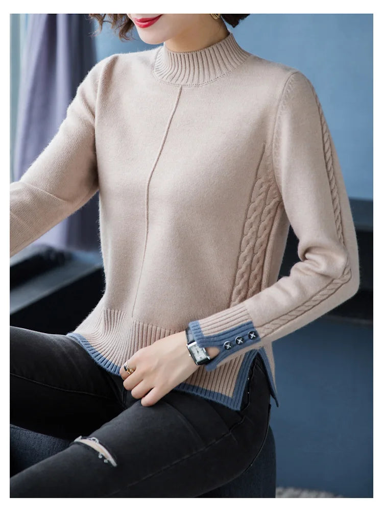 New Korean Women Base Sweater Loose Contrast Color Ladies Half High Neck Split Autumn Winter Pullover Sweaters Pull Tops Femme