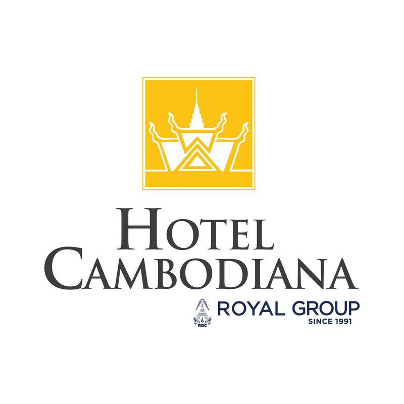 Logo of Hotel Cambodiana with a yellow square and white emblem on a white background