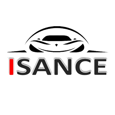 Logo with a stylized car silhouette and 'ISANCE' text on a white background
