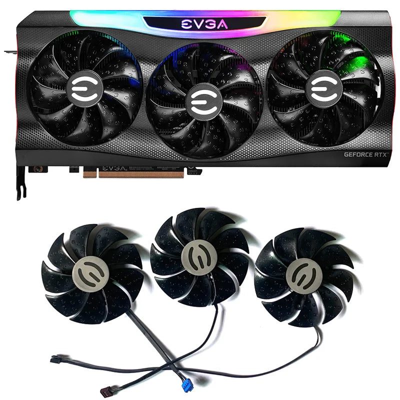 EVGA graphics card with three fans and a close-up of the fans on a white background