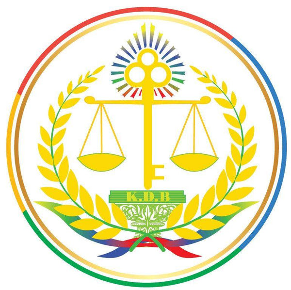 Logo with scales, rainbow-colored border, and 'KDB' text