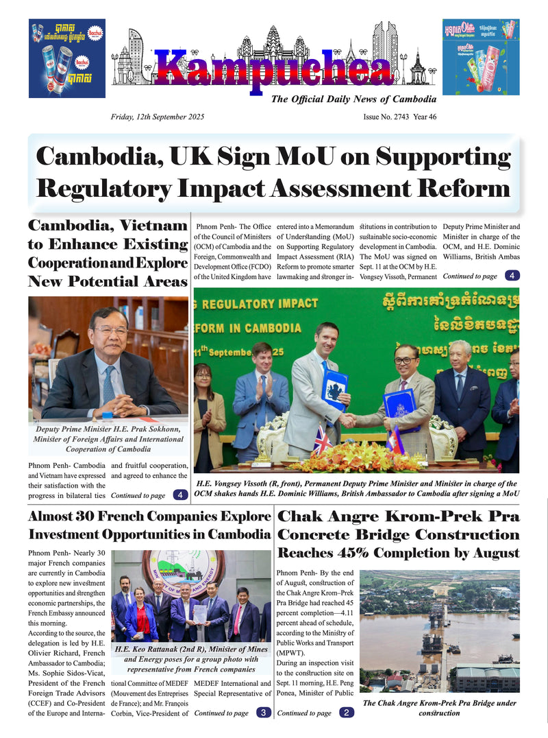 Newspaper front page with headlines about Cambodia and UK regulatory impact assessment reform.