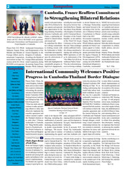 Newspaper page with international news about Cambodia and France, and Cambodia- Thailand border dialogue.