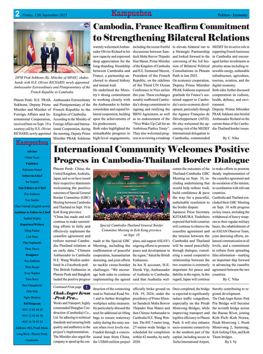 Newspaper page with international news about Cambodia and France, and Cambodia- Thailand border dialogue.