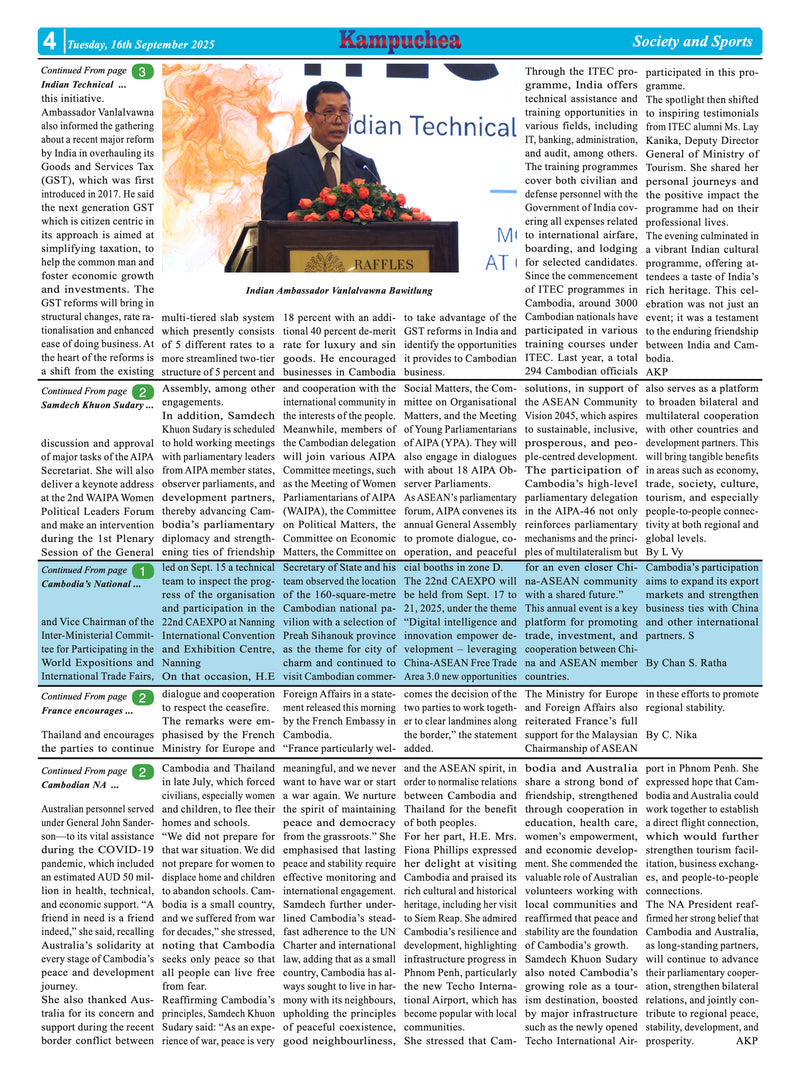 Newspaper page with a headline about Cambodia and a photo of a man speaking at a podium.