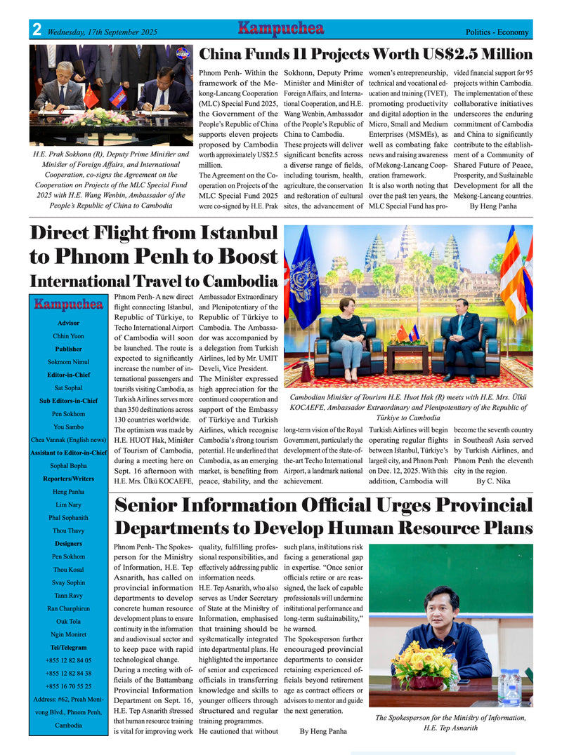 Newspaper page with various articles and images, including a photo of people sitting on a bench with flags in the background.
