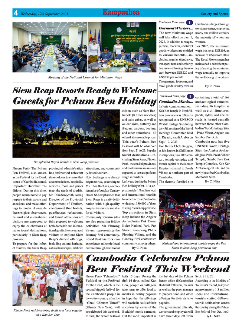 Newspaper page with multiple images and text about Siem Reap resorts and Pchum Ben holiday celebrations.