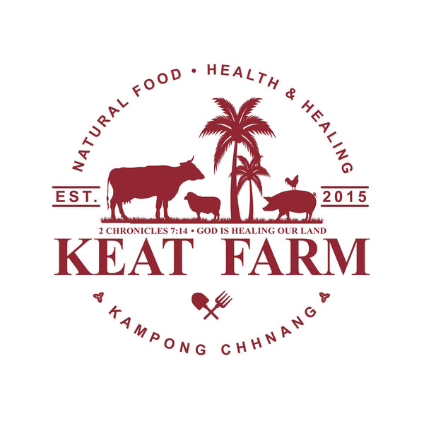 Logo of Keat Farm with animals, palm trees, and text on a white background