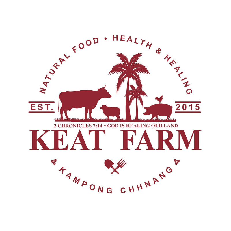 Logo of Keat Farm with animals, palm trees, and text on a white background