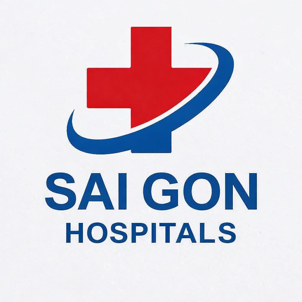 Logo of Saigon Hospitals with a red cross and blue swoosh on a white background