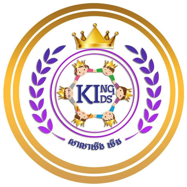 Logo with children holding hands, a crown, and the text 'KING KIDS' surrounded by purple leaves on a white background.
