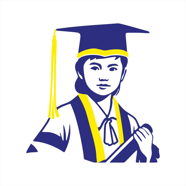 A stylized vector illustration of a graduate wearing a navy blue cap with a yellow tassel and matching yellow and navy academic gown, shown on a plain white background.